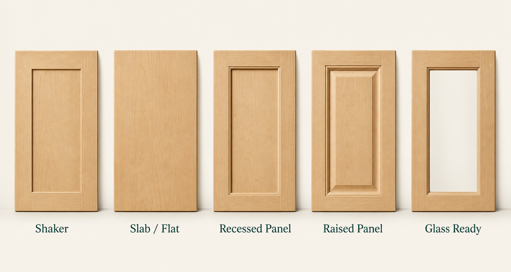 Five cabinet door style options: Shaker, Slab or Flat, Recessed Panel, Raised Panel, and Glass Ready
